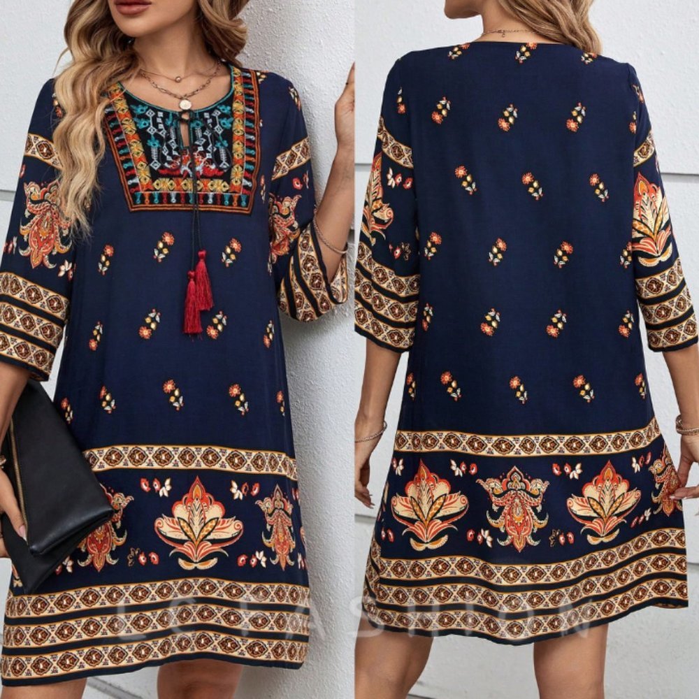 Boho Dress, Floral Tassel Tie Neck Blue Dress Tunic Summer Dress